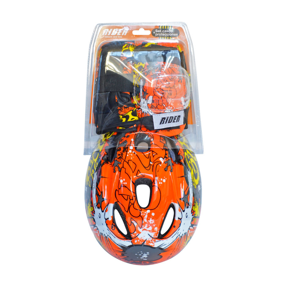 Set Casco + Protecciones Rider Infantil Naranjo
